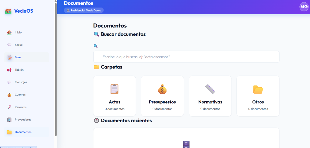 Pantalla de gestión de documentos de VecinOS
