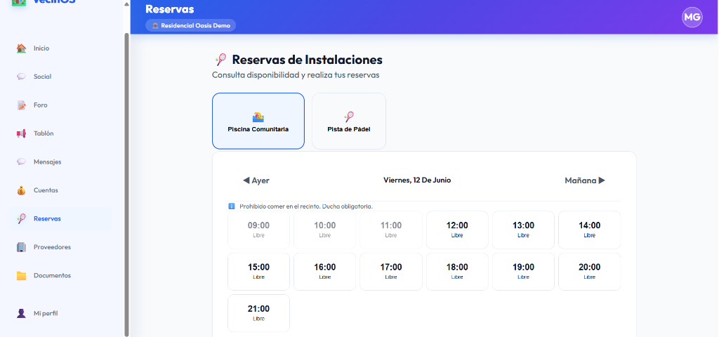 Pantalla de reserva de instalaciones de VecinOS