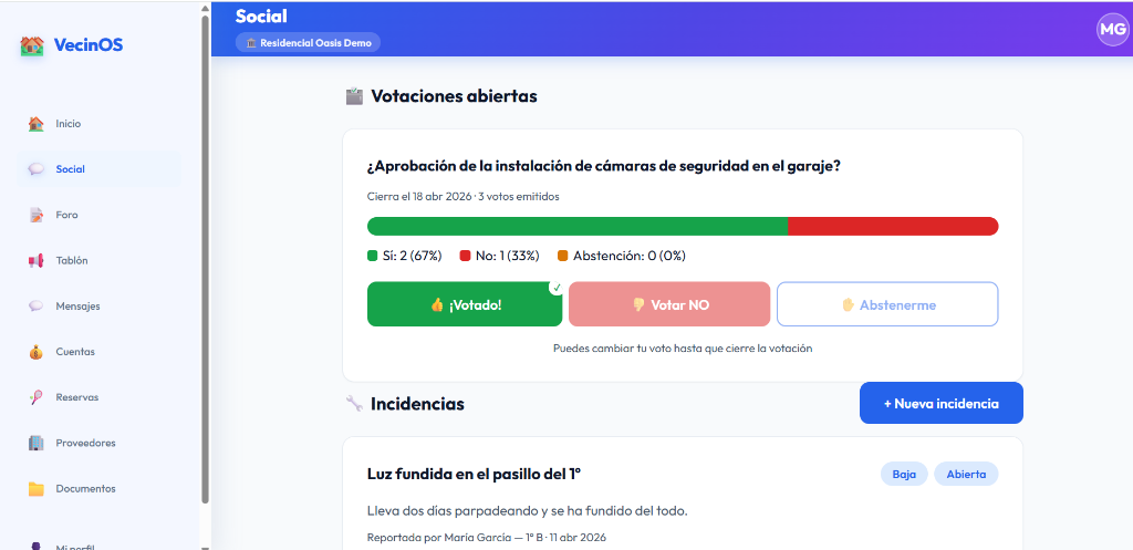 Pantalla de votaciones e incidencias de VecinOS