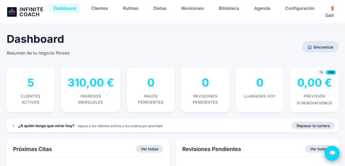 Panel del entrenador en Infinite Coach