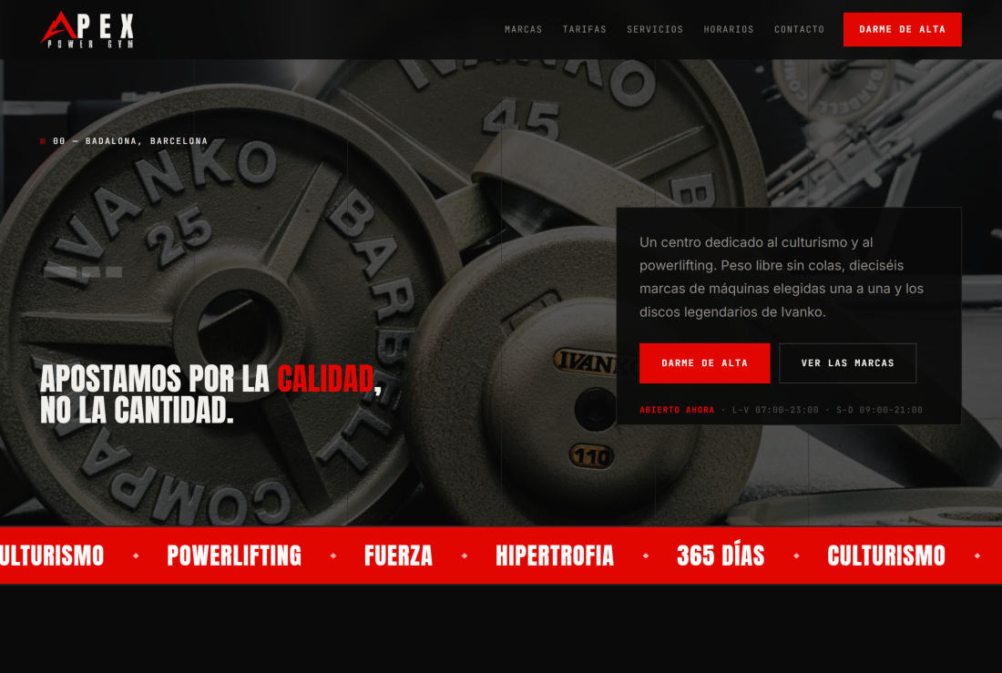 Página de inicio de la web de Apex Power Gym